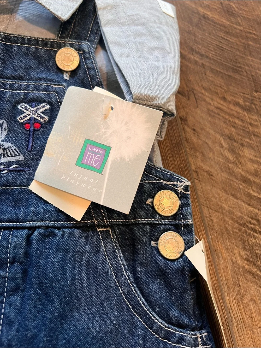 Little Me Navy Denim Short Overalls with Light Gray Polo